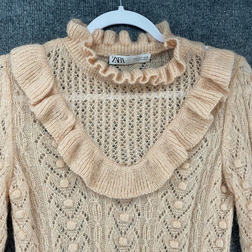 ZARA Sweater Womens S Beige Ruffle Neck Lightweight Victorian Feminine Cottage - Picture 2 of 8
